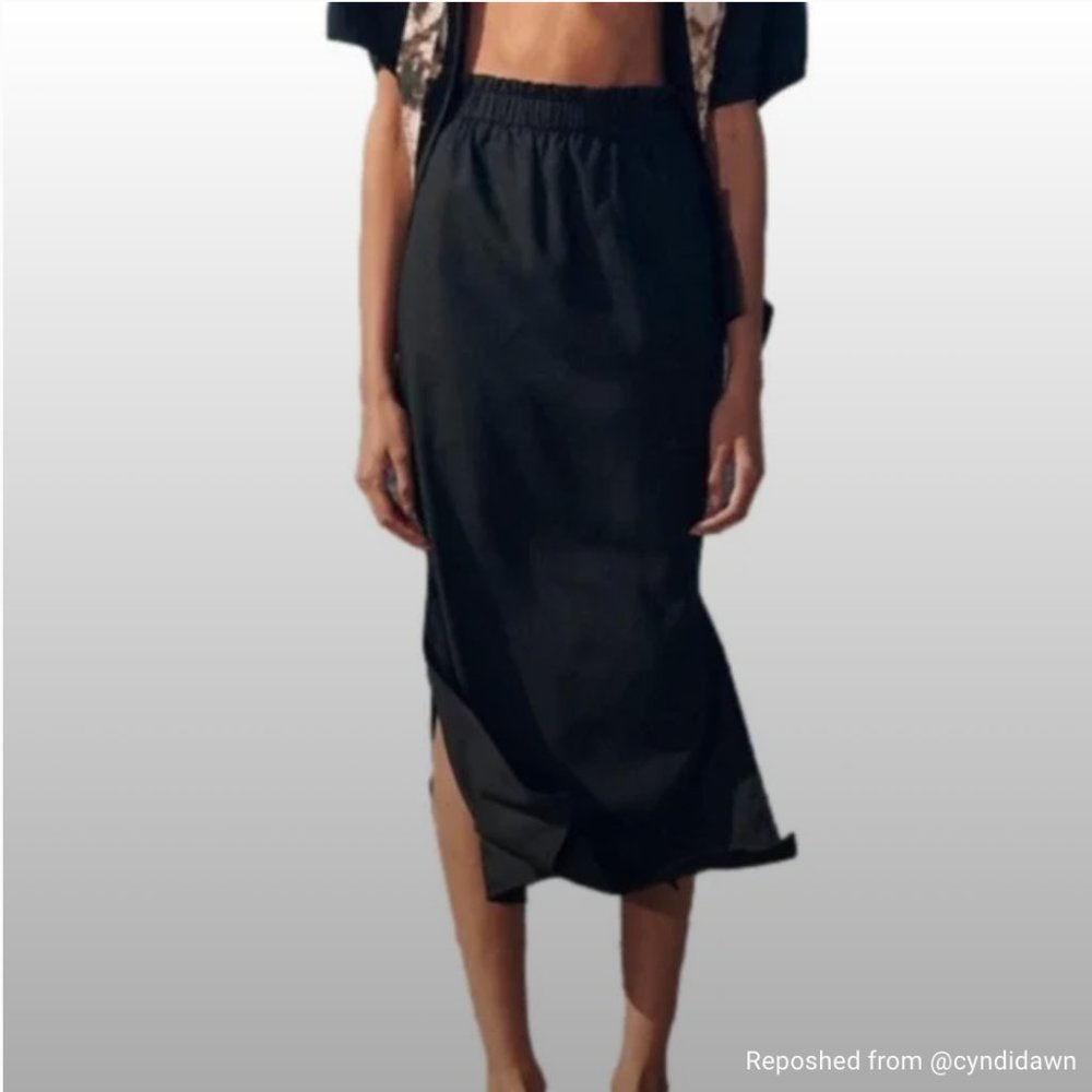 Samsoe Bansa 14020 Black Elastic Waist Side Split Midi Skirt Size XL